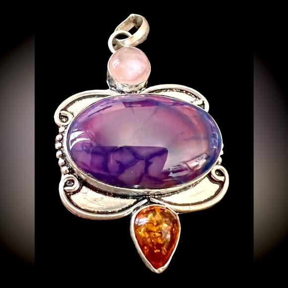 925 SS PENDANT Amethyst Pietersite Namibia, and strawberry quartz gemstone - Picture 2 of 4